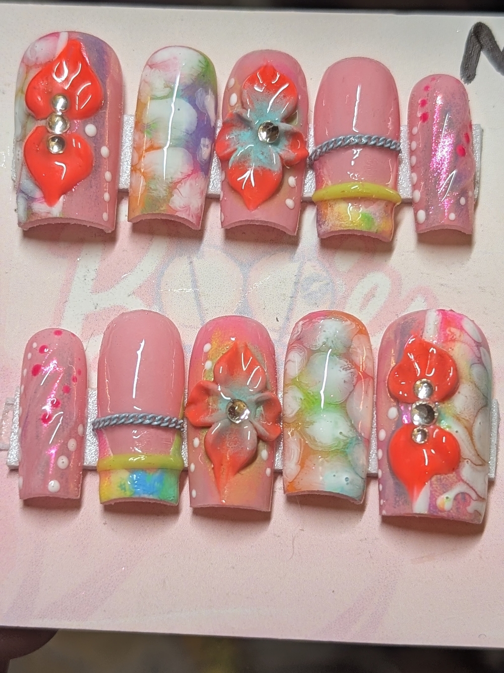 Hand-Painted Pink Floral Press-On Nail Set